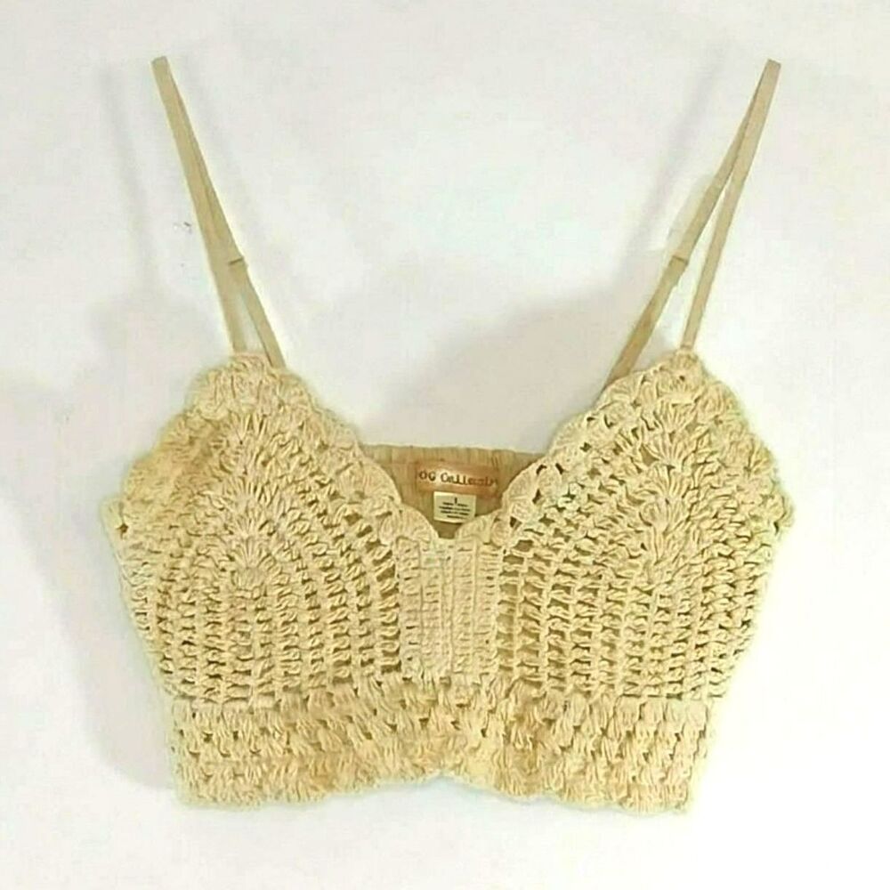 BOG Collective Tan Crochet Bust Lined Stretch Crop Top S Boho Y2K Festival Beach